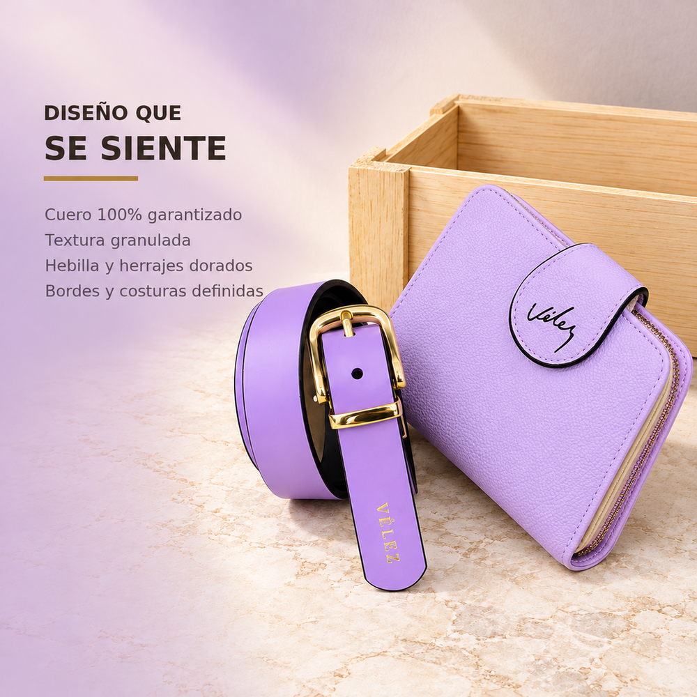 Detalles del Set Cora en cuero, textura granulada y herrajes dorados