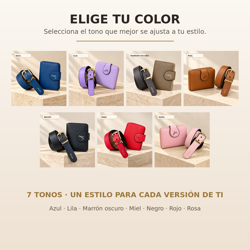Set Cora disponible en azul, lila, marrón oscuro, miel, negro, rojo y rosa